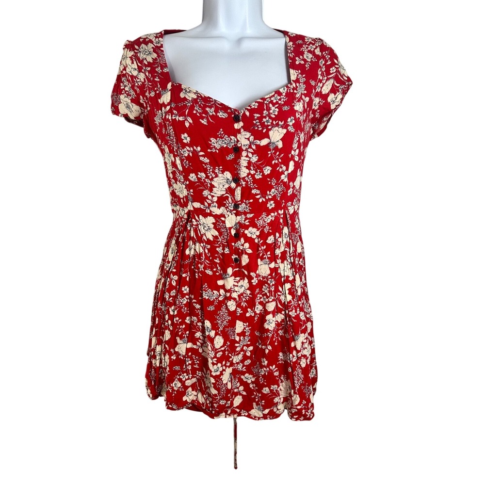 Forever 21 Y2K Red Floral Mini Dress Sweetheart Button Front Lace Up Back Small